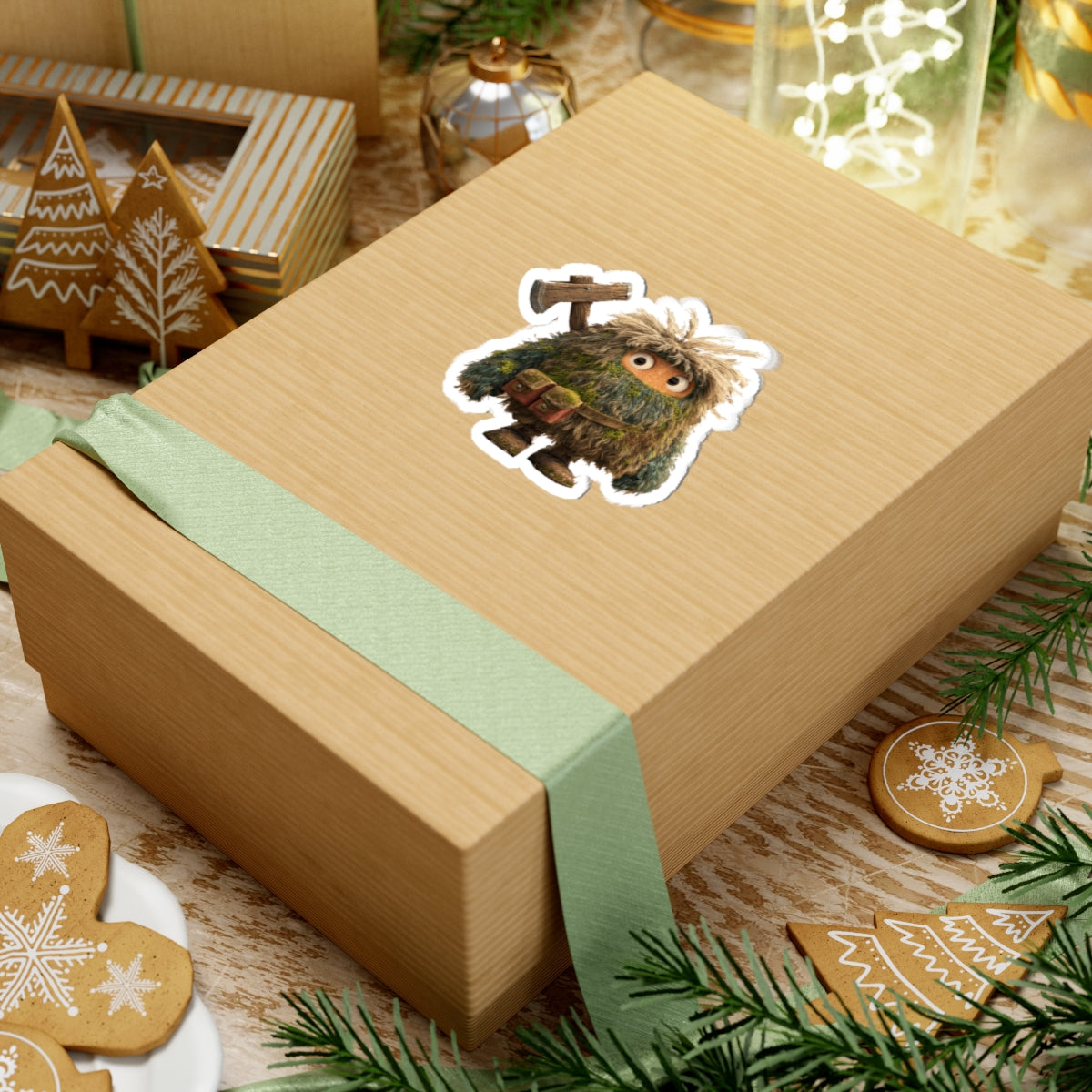 Forest Monster Axe Sticker — Cute Fuzzy Creature Kiss-Cut Sticker for Laptops & Water Bottles