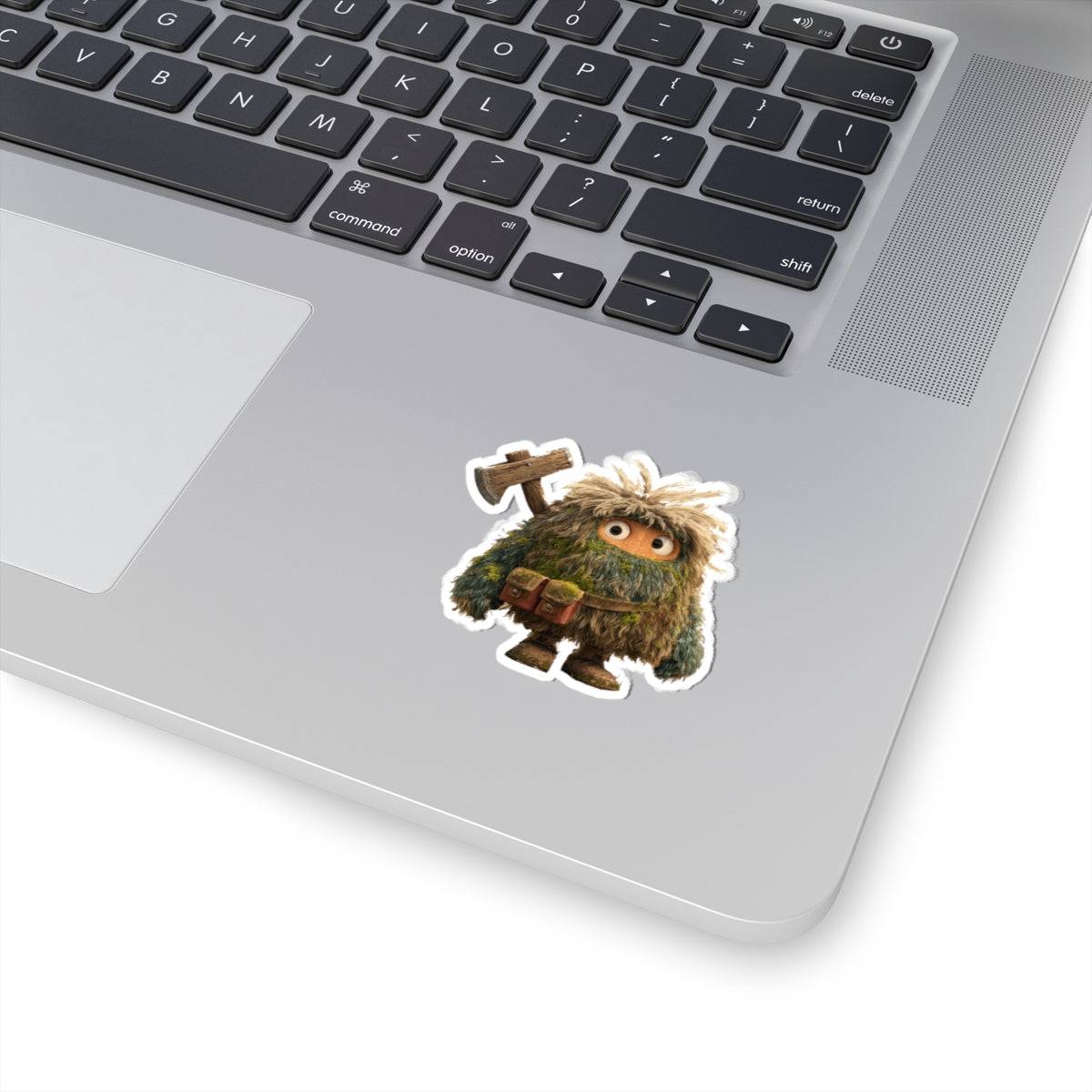 Forest Monster Axe Sticker — Cute Fuzzy Creature Kiss-Cut Sticker for Laptops & Water Bottles