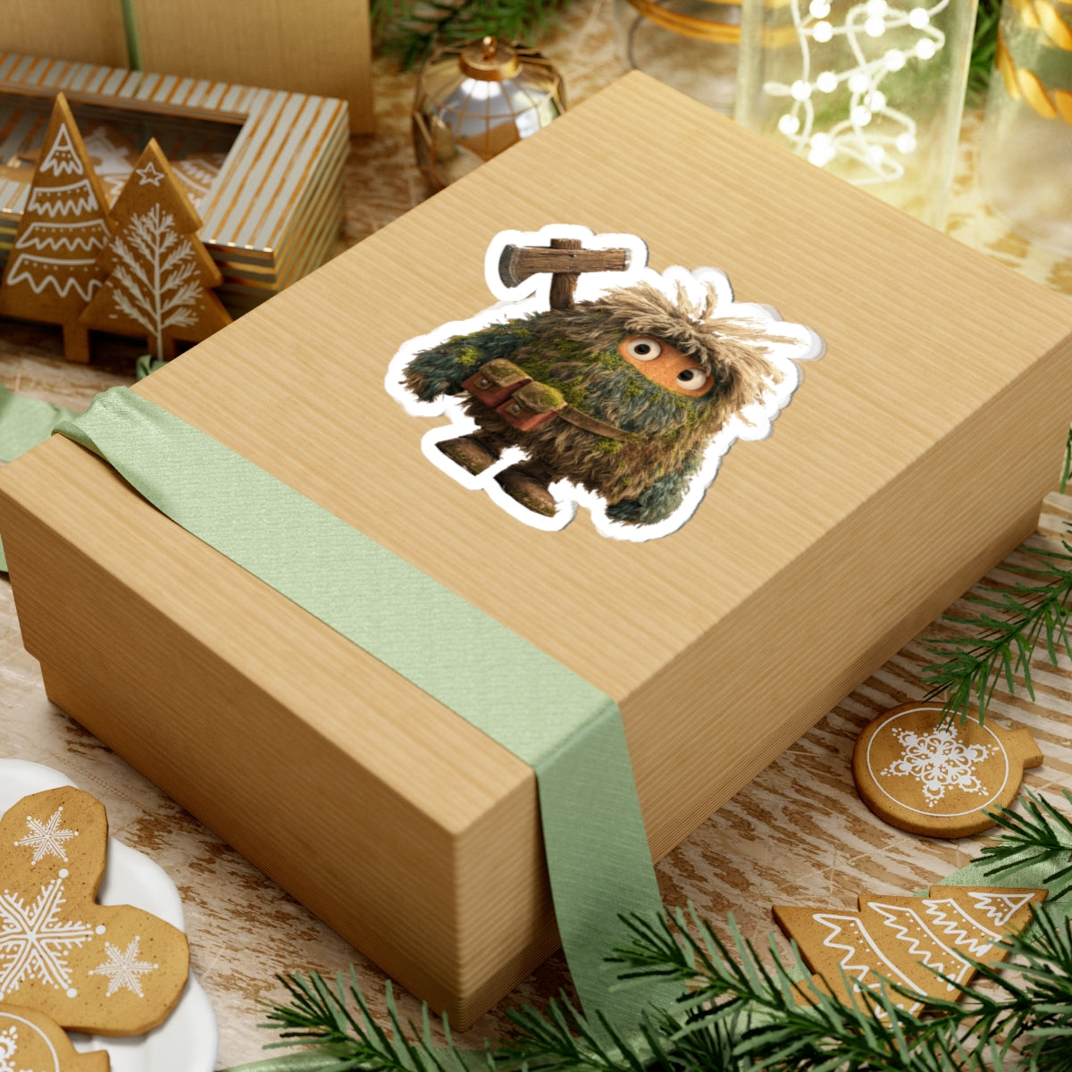 Forest Monster Axe Sticker — Cute Fuzzy Creature Kiss-Cut Sticker for Laptops & Water Bottles