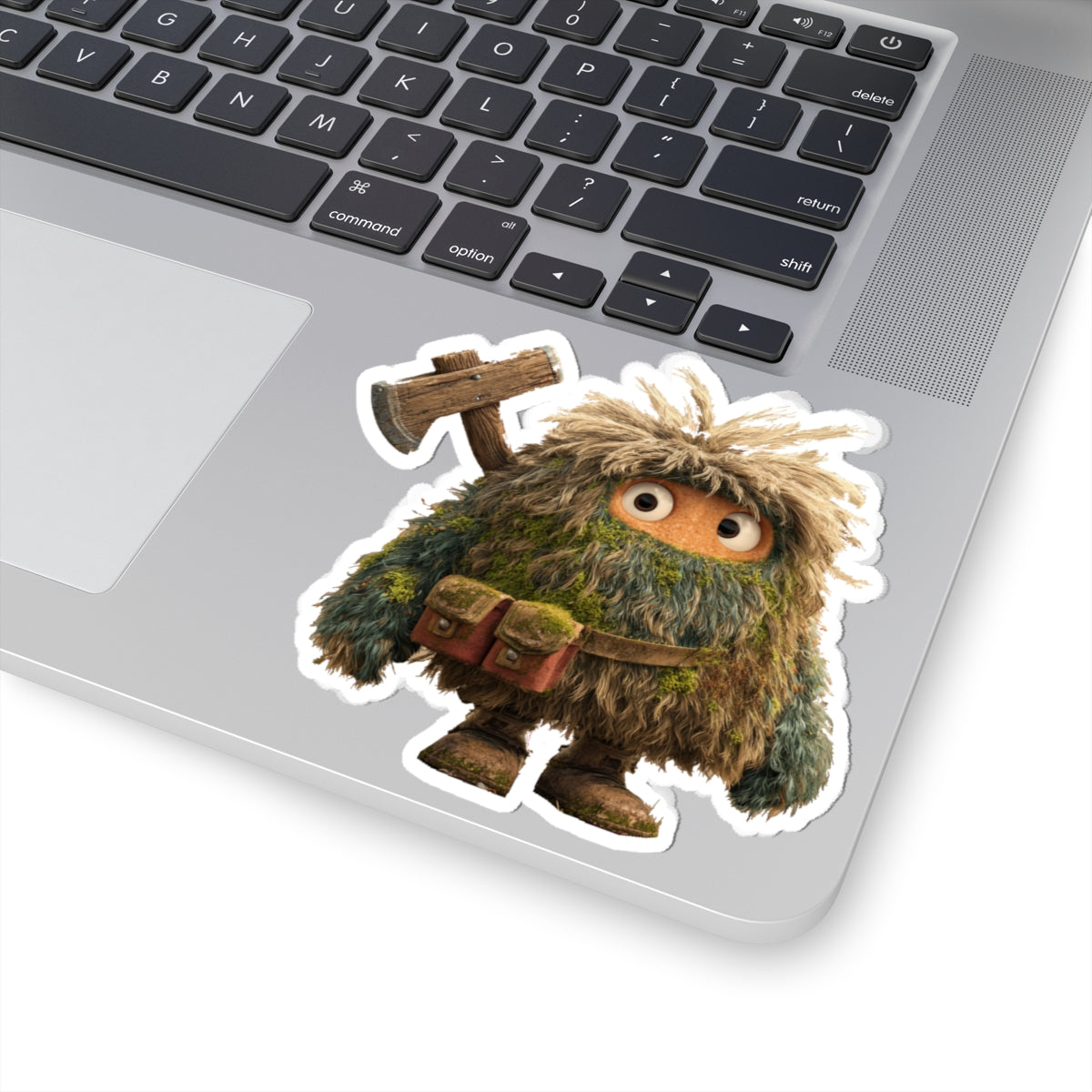Forest Monster Axe Sticker — Cute Fuzzy Creature Kiss-Cut Sticker for Laptops & Water Bottles
