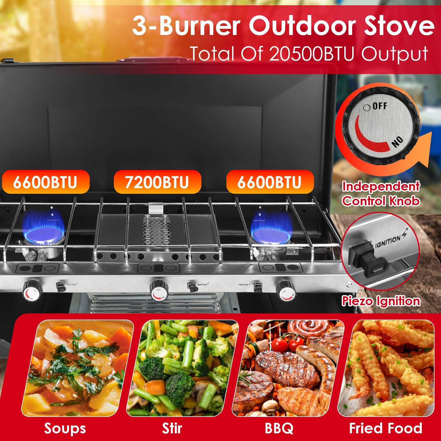 Portable Foldable Propane 3 Burner Camping Stove