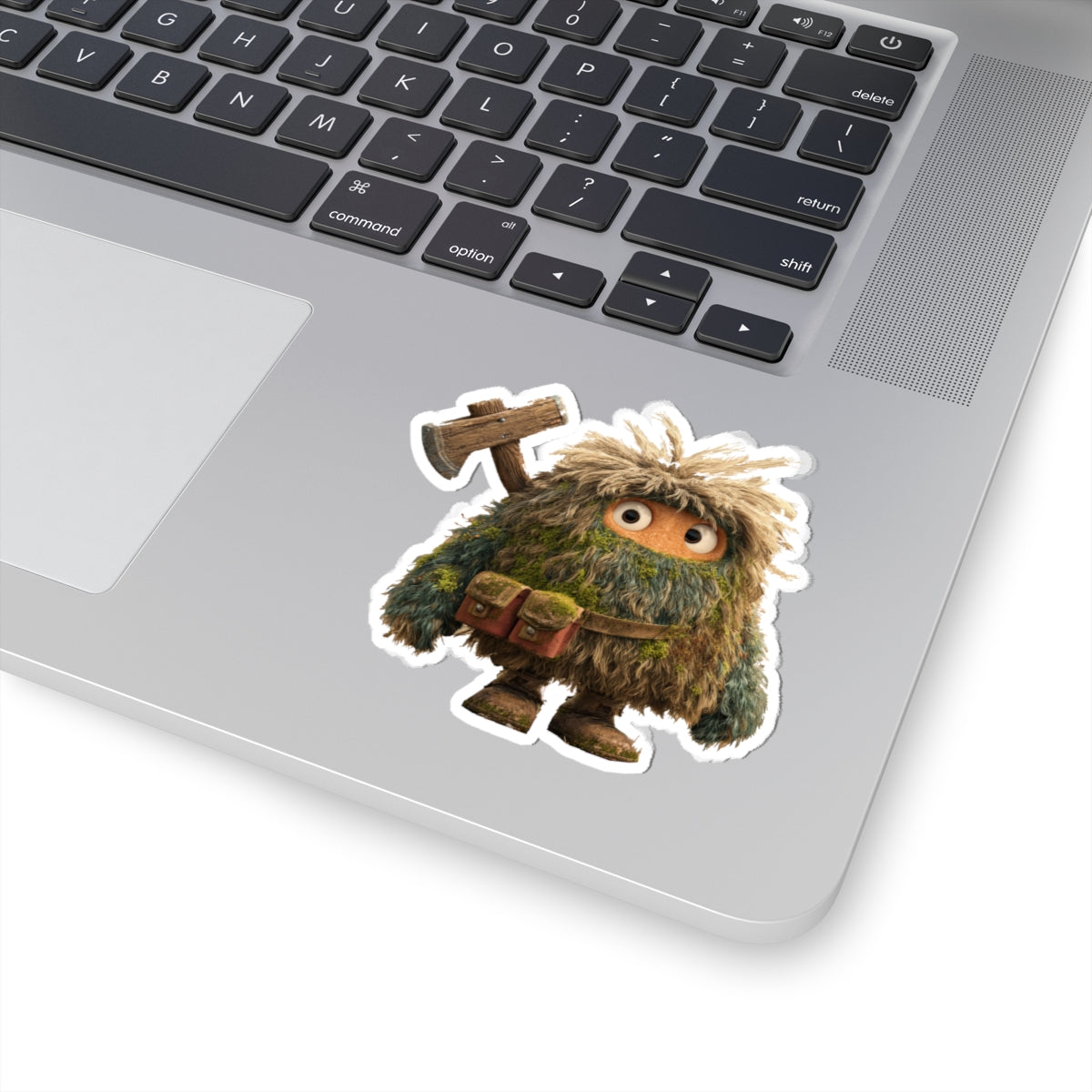 Forest Monster Axe Sticker — Cute Fuzzy Creature Kiss-Cut Sticker for Laptops & Water Bottles