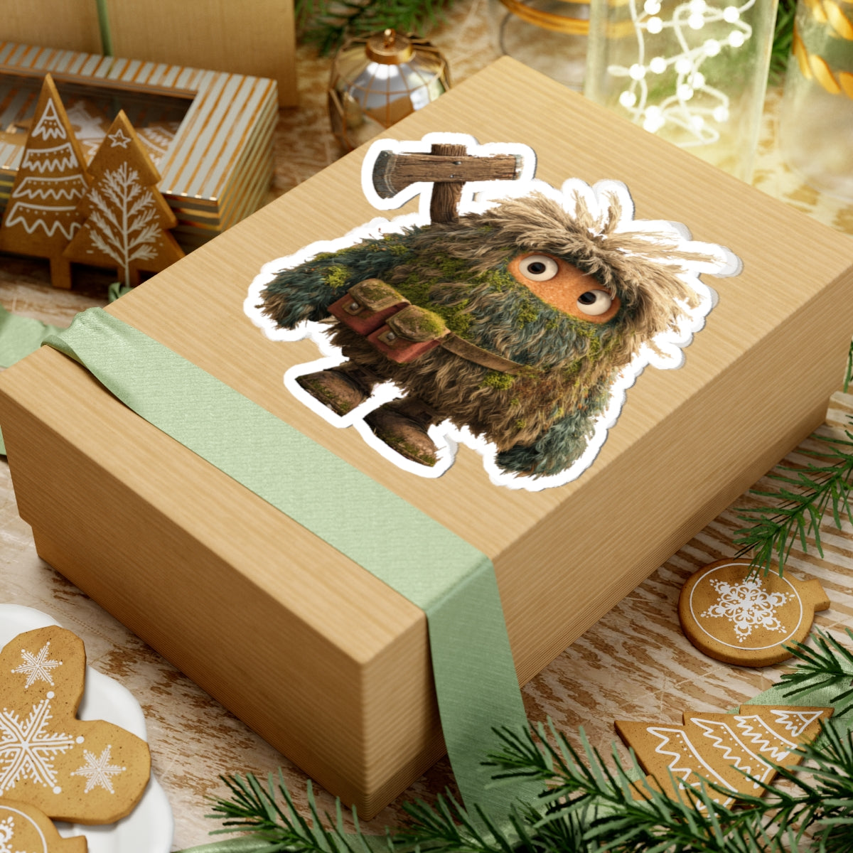 Forest Monster Axe Sticker — Cute Fuzzy Creature Kiss-Cut Sticker for Laptops & Water Bottles