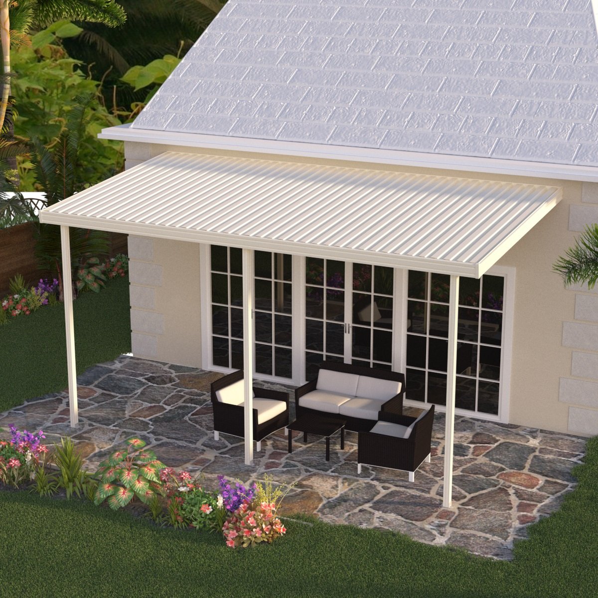 12 ft. Deep x 16 ft. Wide Attached Aluminum Patio Cover -3 Posts - (10lb Low Snow Area)