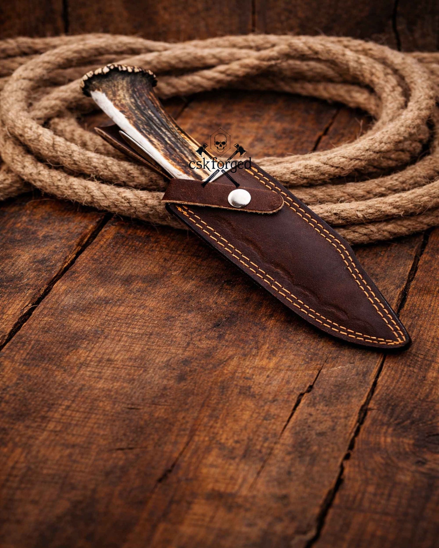 Frontier Demon Hunting Knife – Custom Forged Ruby Blade with Stag Handle
