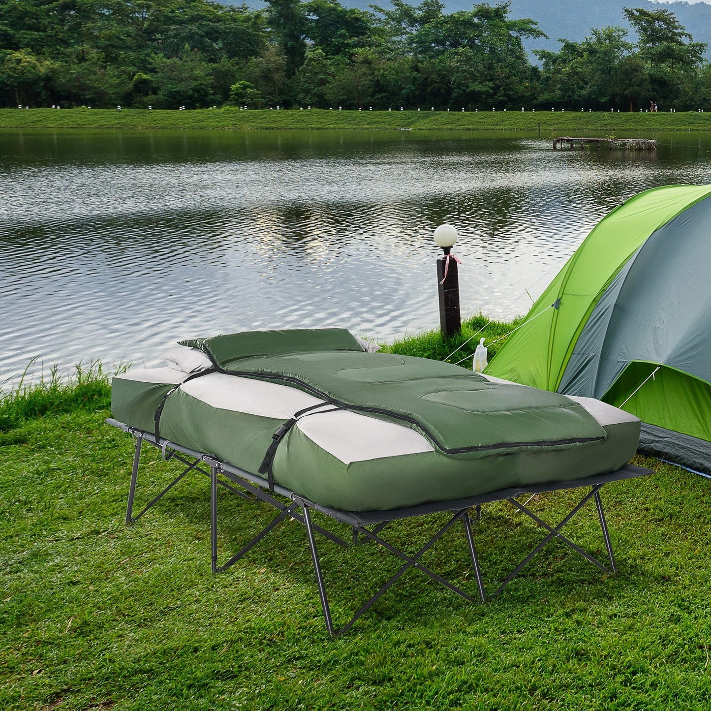 2-Person Folding Camping Cot Portable Outdoor Bed Set with Sleeping Bag
